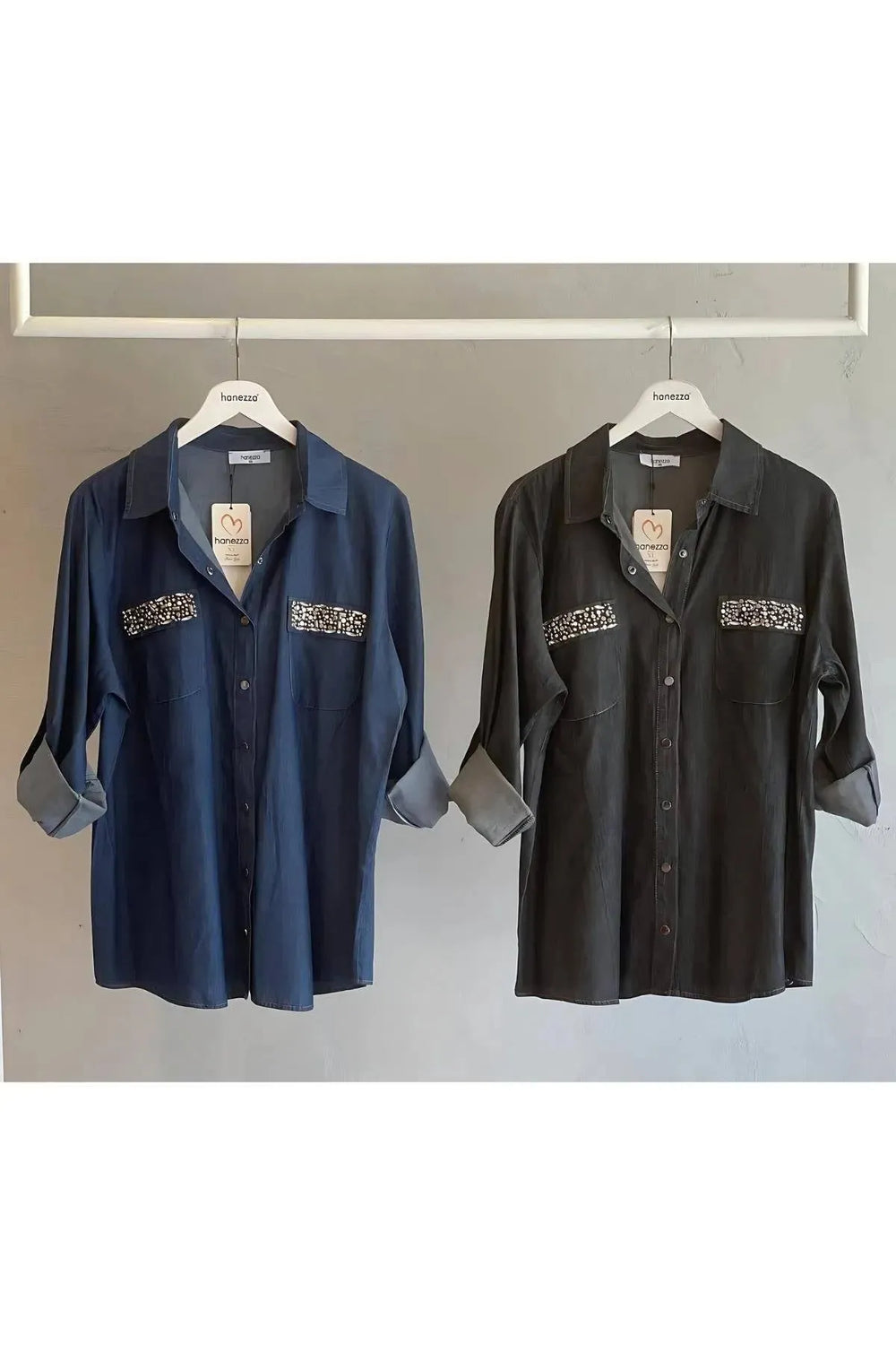 Plus Size Stone Detailed Denim Shirt - Navy Blue & Black Long Sleeve - Image 2