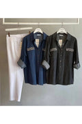 Plus Size Stone Detailed Denim Shirt - Navy Blue & Black Long Sleeve