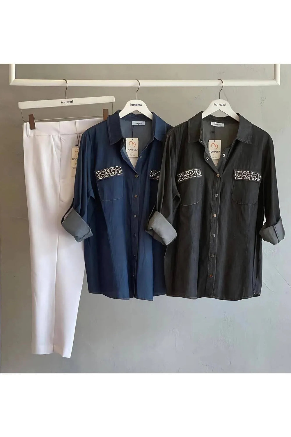 Plus Size Stone Detailed Denim Shirt - Navy Blue & Black Long Sleeve - Image 6