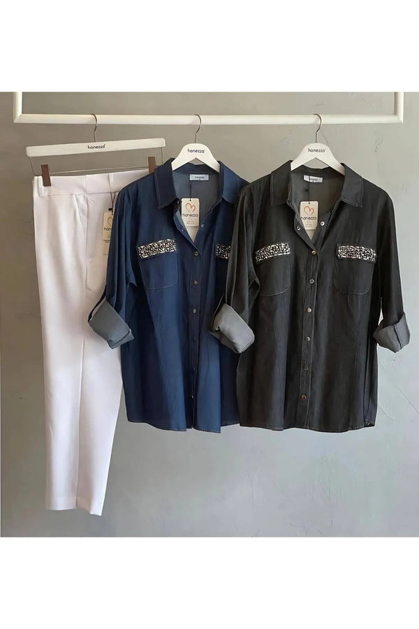 Plus Size Stone Detailed Denim Shirt - Navy Blue & Black Long Sleeve