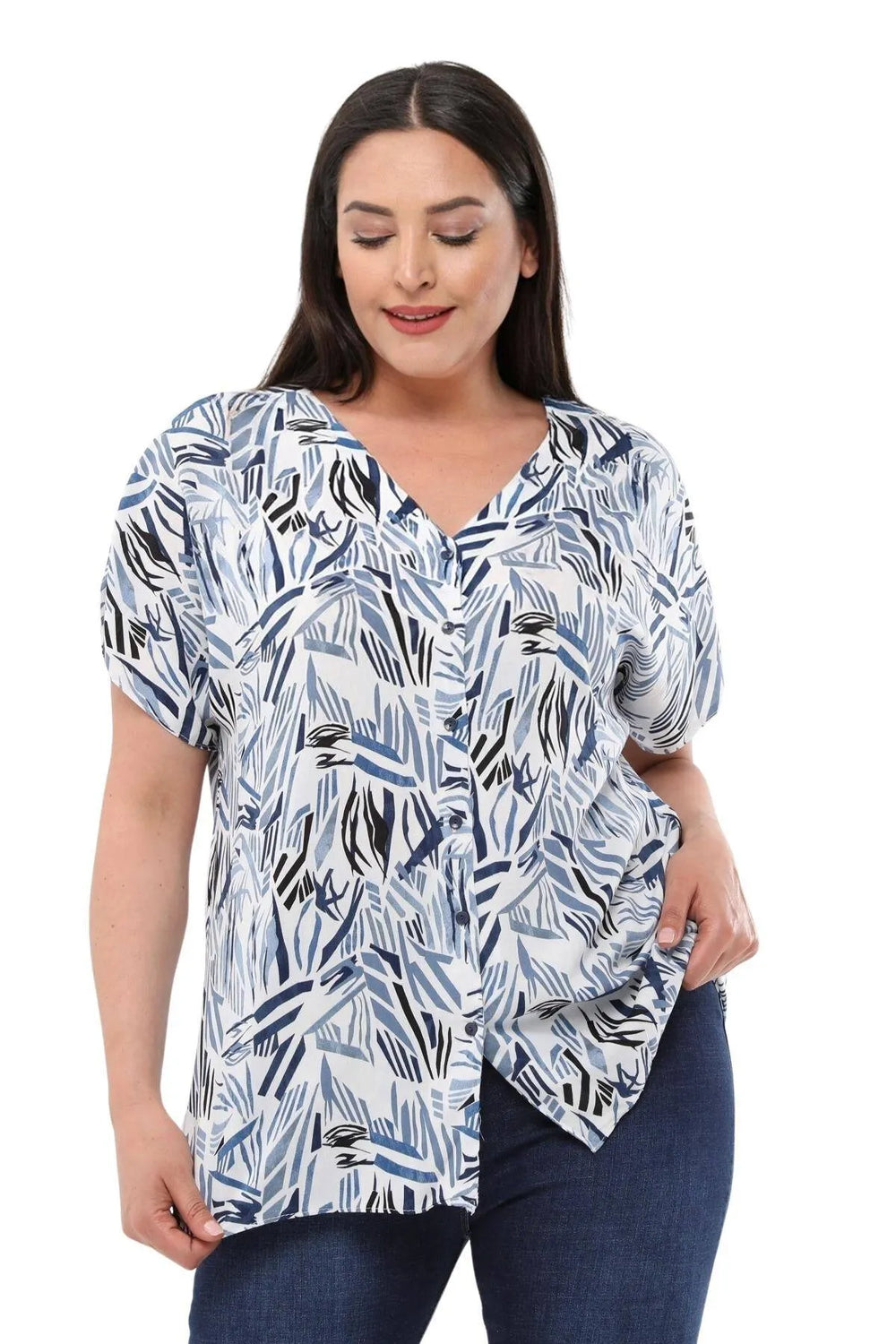 Plus Size V-Neck Viscose Blouse - Batwing Sleeve Buttoned Model - Image 3