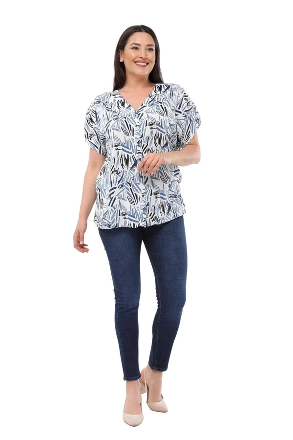 Plus Size V-Neck Viscose Blouse - Batwing Sleeve Buttoned Model