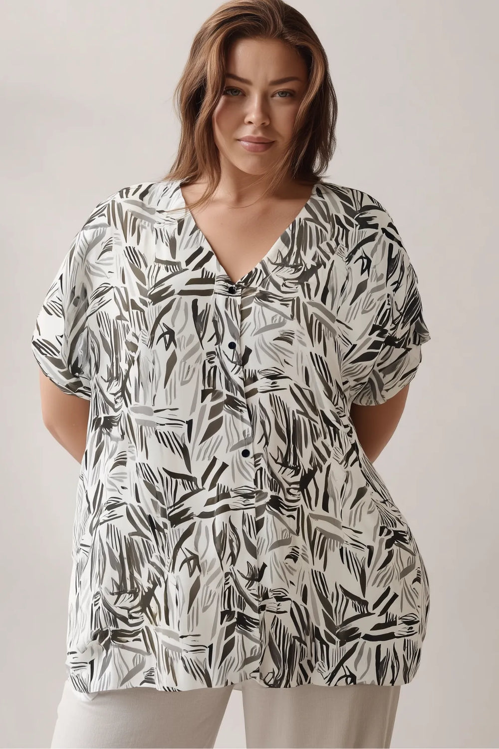 Plus Size V-Neck Viscose Blouse - Batwing Sleeve Buttoned Model - Image 6
