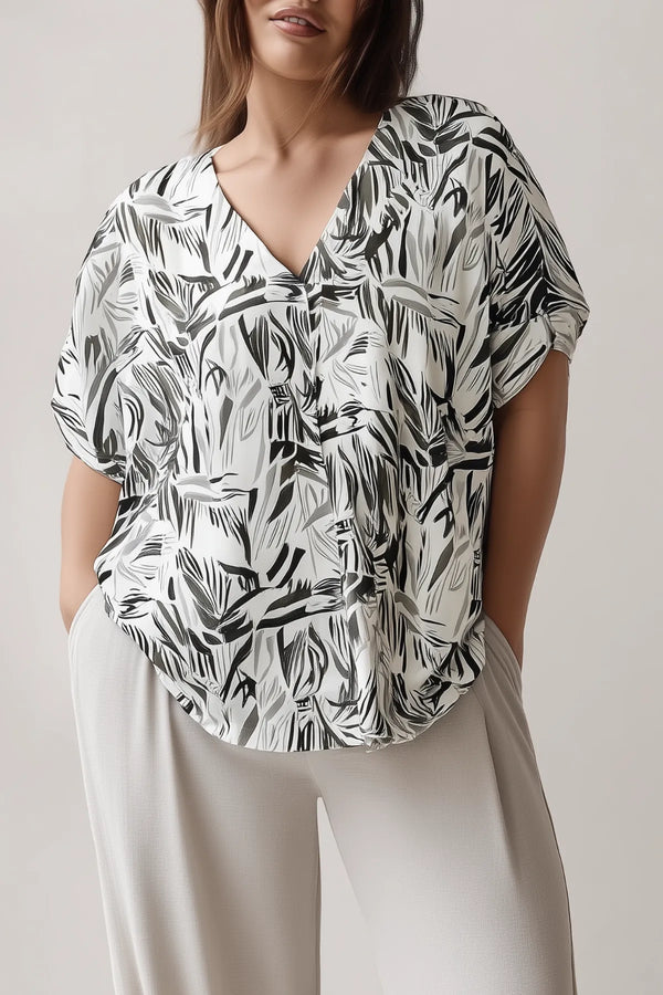Plus Size V-Neck Viscose Blouse - Batwing Sleeve Buttoned Model