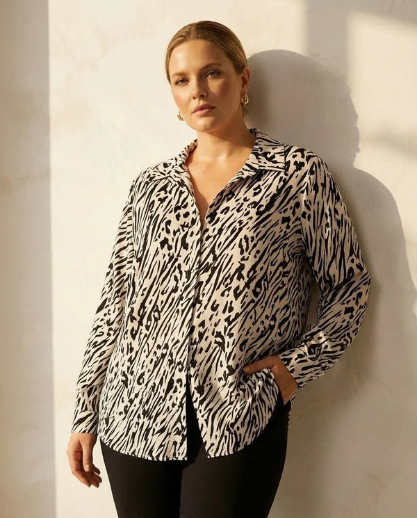 Büyük Beden Kadın Büyük Beden Viskon Tunik Gömlek - Leopar Desenli Kadın Büyük Beden Viskon Gömlek Beyaz Zebra Desenli