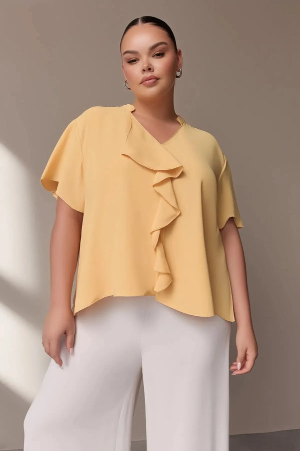 Büyük Beden Kadın Büyük Beden Volanlı Kısa Kol Bluz Büyük Beden Bluz Sarı Düz Renk