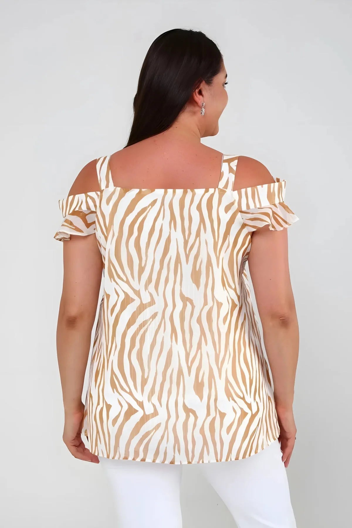 Büyük Beden Kadın Büyük Beden Zebra Desenli Şifon Bluz Astarlı - Feminen Yaz Bluzu Büyük Beden Bluz Beyaz-Kahverengi Zebra Desenli