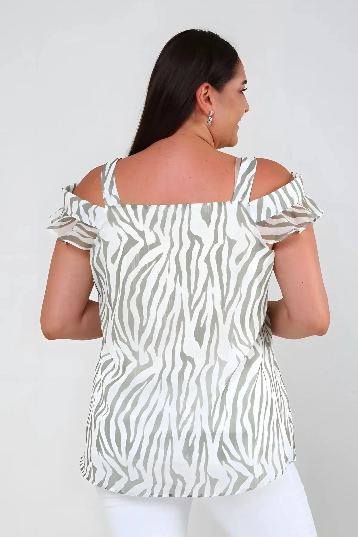 Büyük Beden Kadın Büyük Beden Zebra Desenli Şifon Bluz Astarlı - Feminen Yaz Bluzu Büyük Beden Bluz Beyaz Zebra Desenli