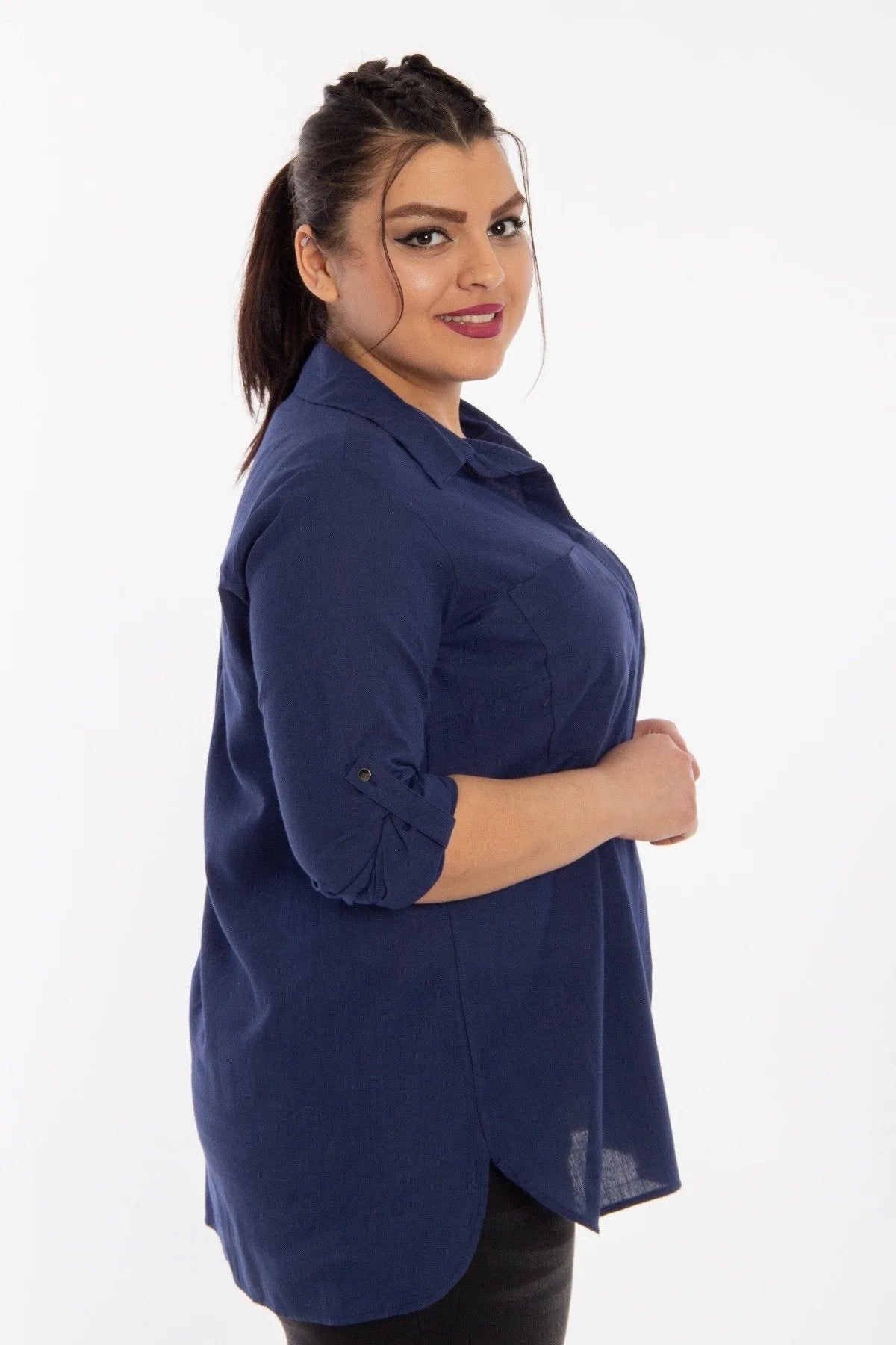 Büyük Beden Kadın Cep Detaylı Gömlek Büyük Beden Gömlek Lacivert Düz Kumaş