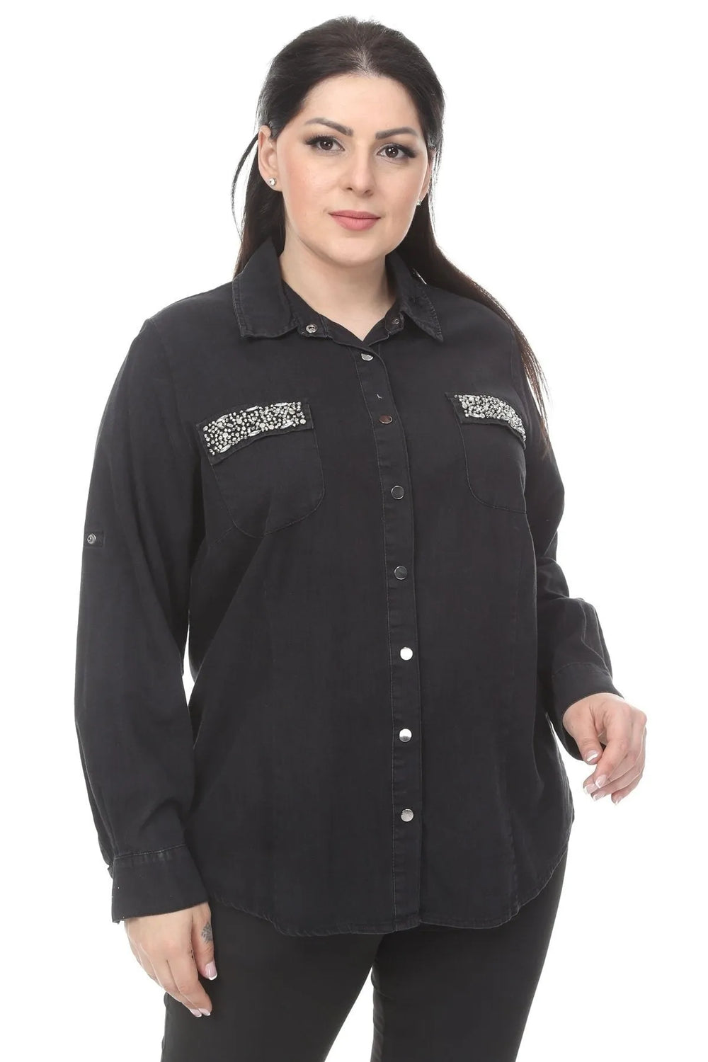 Pocket Stone-Embellished Denim Shirt - Image 1