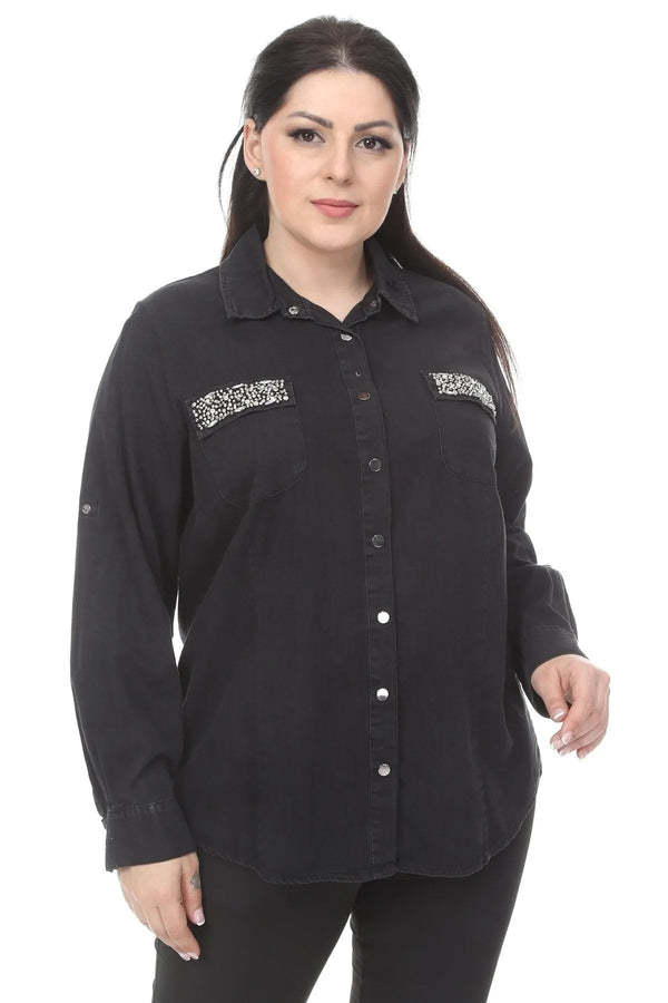 Büyük Beden Kadın Cep Taş Işlemeli Kot Gömlek Büyük Beden Gömlek Siyah Kot