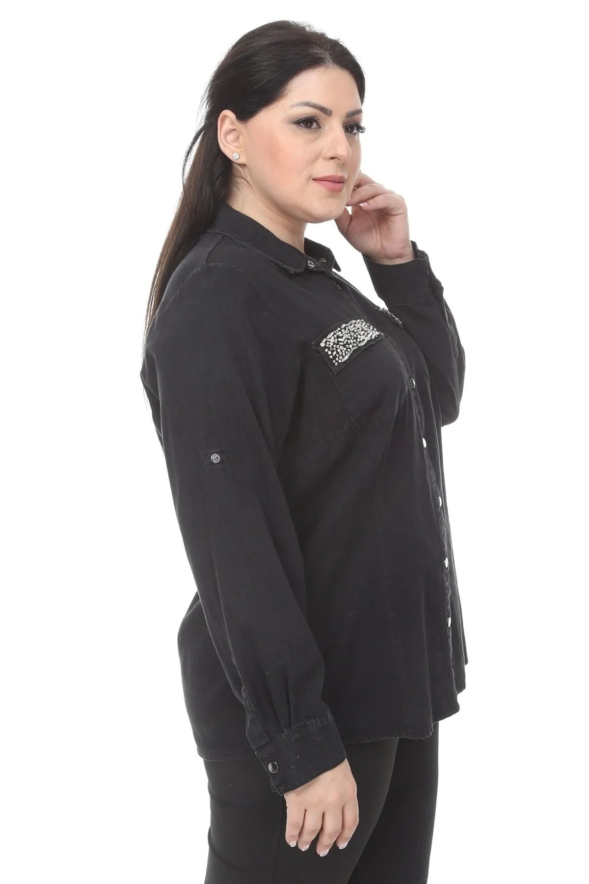 Pocket Stone-Embellished Denim Shirt
