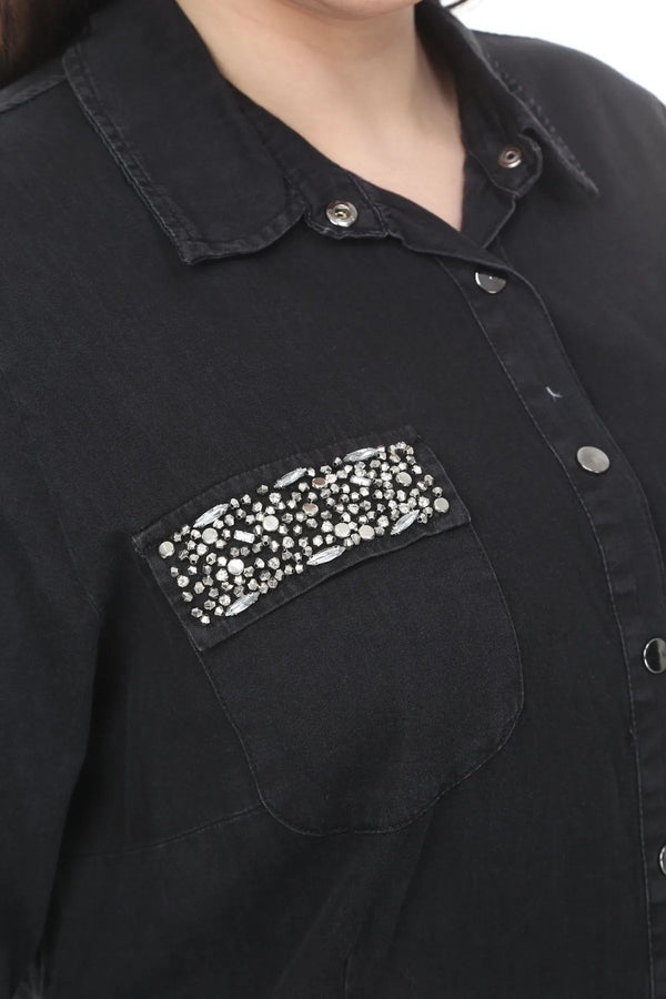 Pocket Stone-Embellished Denim Shirt