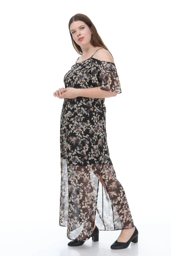 Шифоновое макси-платье с цветочным принтом — открытые плечи и рукава 1/2