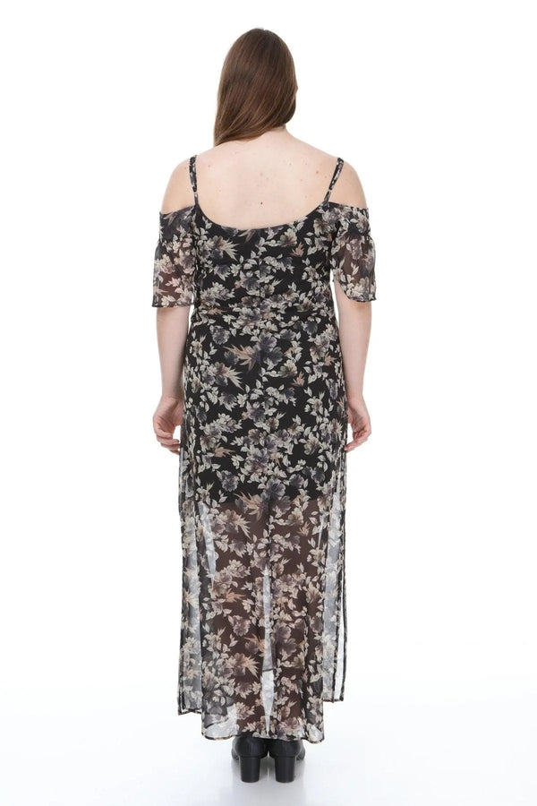 Шифоновое макси-платье с цветочным принтом — открытые плечи и рукава 1/2