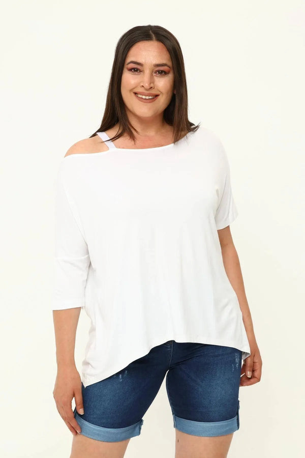 Büyük Beden Kadın Omuz Detaylı T-Shirt - Büyük Beden Omuz Detaylı T-Shirt Beyaz Düz Renk
