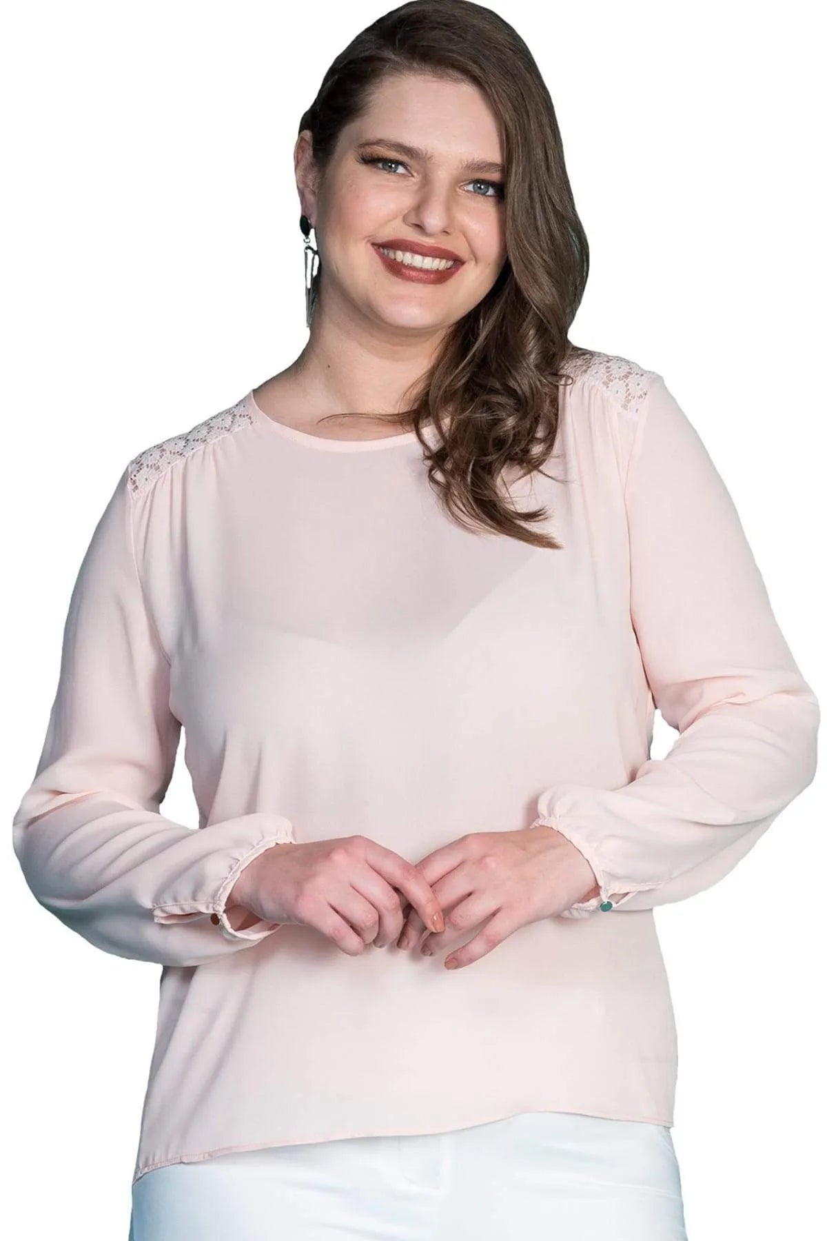Büyük Beden Kadın Dantel Detaylı Krep Bluz - Büyük Beden Açık Pembe Büyük Beden Bluz Pembe Krep
