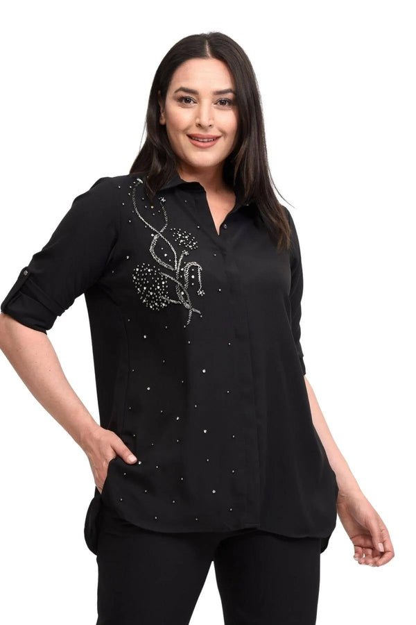 Büyük Beden Kadın El İşlemeli Çiçek Desenli Gömlek - Pamuklu Viskon - Yılbaşı Abiye Gömlek Siyah Çiçek Detaylı