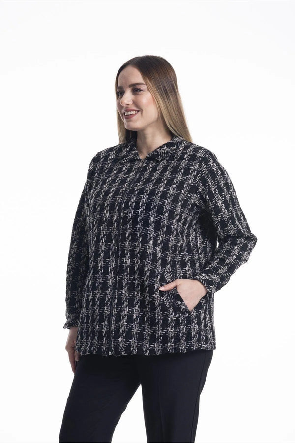 Büyük Beden Kadın Fermuarlı Spor Ceket Büyük Beden Ceket Siyah-Beyaz Kazayağı Desenli