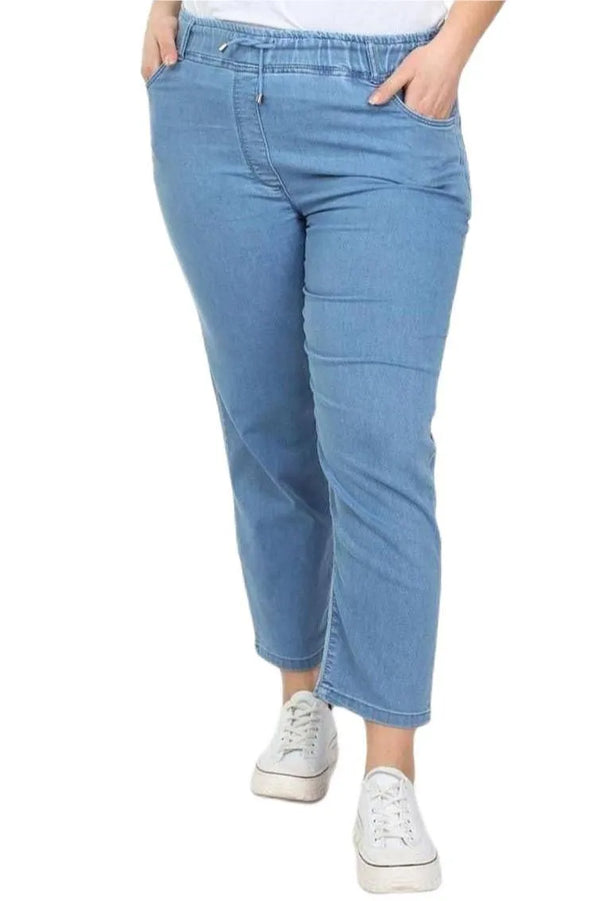Hanezza Plus Size Floral Patterned Denim Trousers - Cotton Viscose