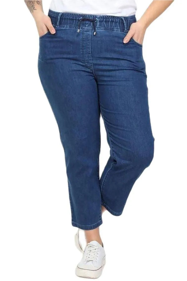 Hanezza Plus Size Floral Patterned Denim Trousers - Cotton Viscose