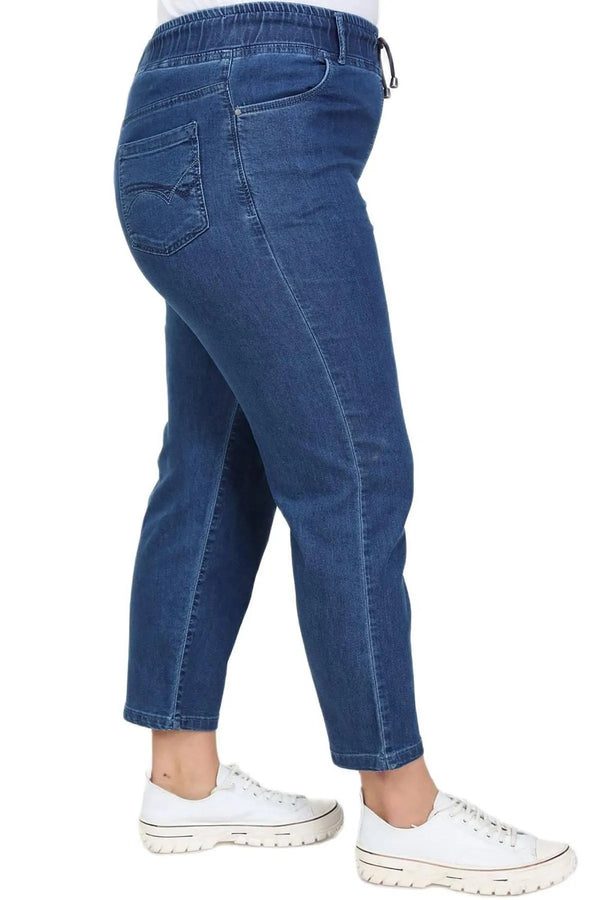 Hanezza Plus Size Floral Patterned Denim Trousers - Cotton Viscose