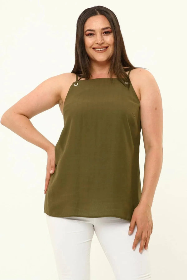 Büyük Beden Kadın Hanezza Büyük Beden İp Askılı Bluz Büyük Beden Bluz Haki Kumaş Dokulu