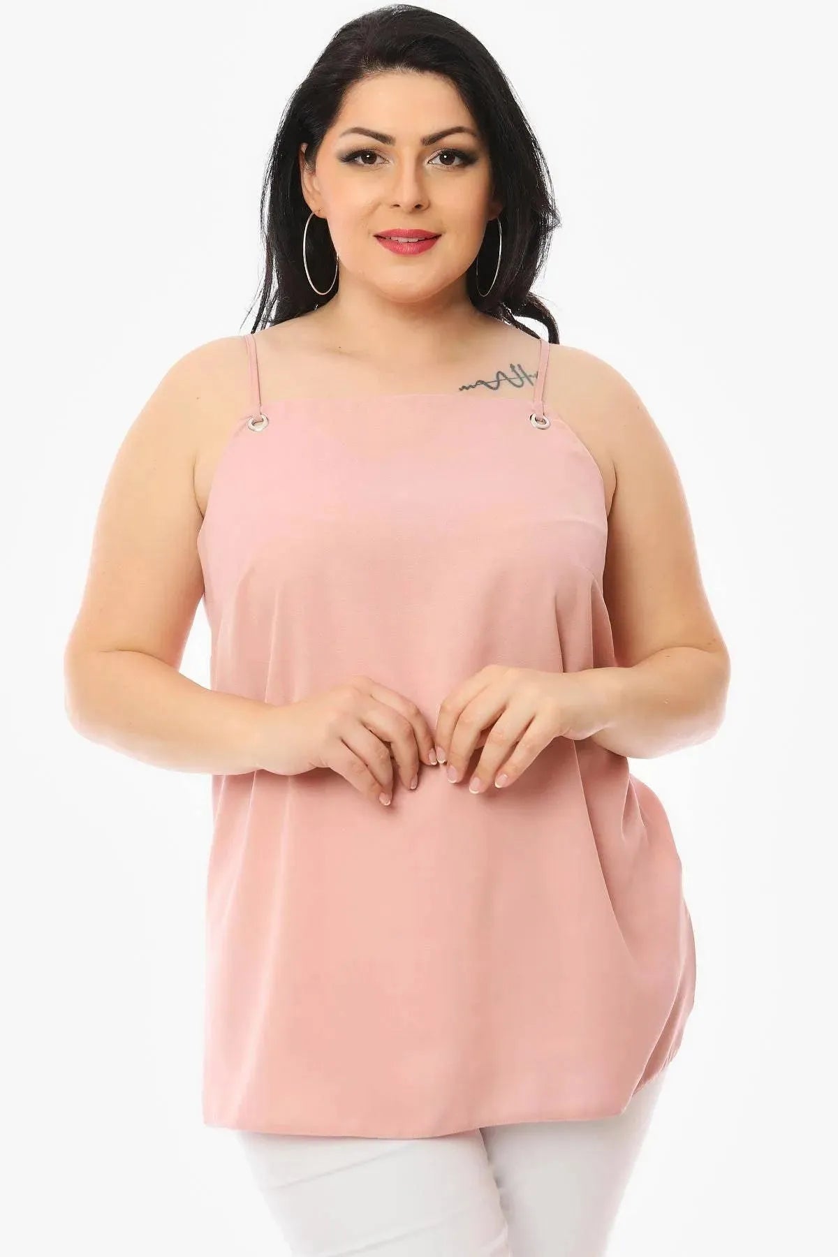 Büyük Beden Kadın Hanezza Büyük Beden Krep Kumaş İp Askılı Bluz Büyük Beden Bluz Pembe Krep Kumaş