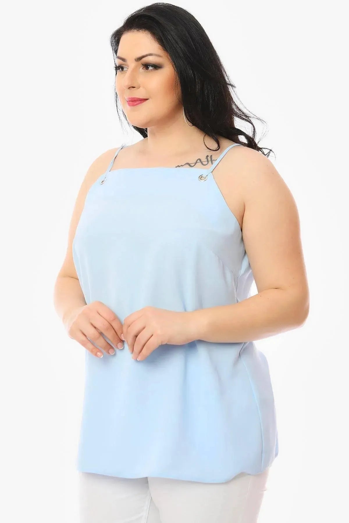 Büyük Beden Kadın Hanezza Büyük Beden İp Askılı Bluz Büyük Beden Bluz Mavi Düz Renk