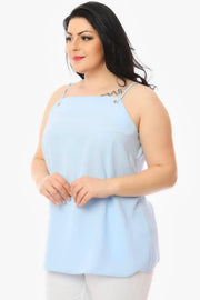 Büyük Beden Kadın Hanezza Büyük Beden İp Askılı Bluz Büyük Beden Bluz Mavi Düz Renk