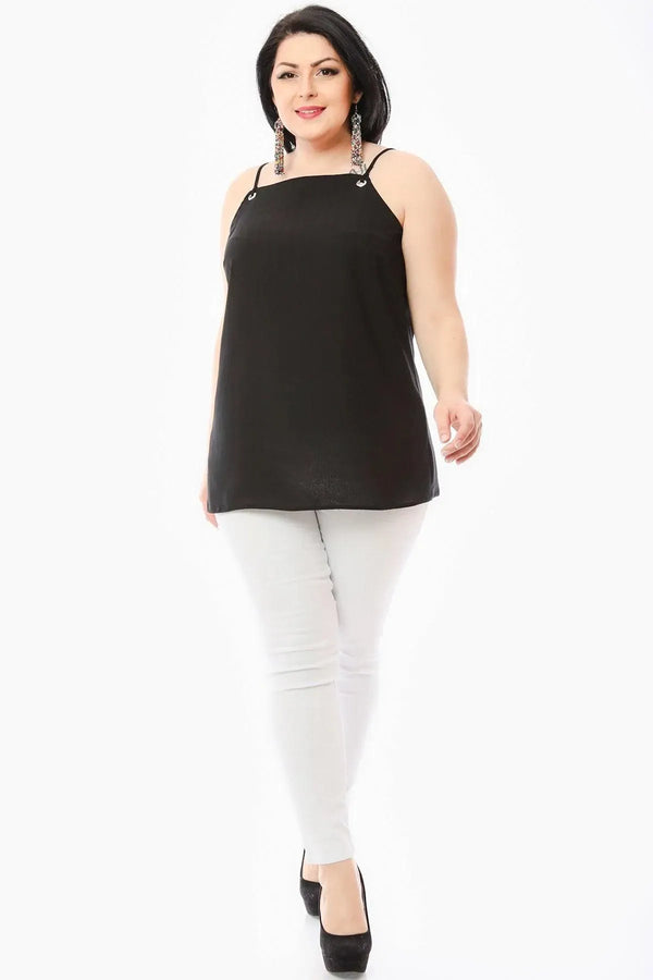 Hanezza Büyük Beden Çiçek Desenli Krep Kumaş İp Askılı Bluz