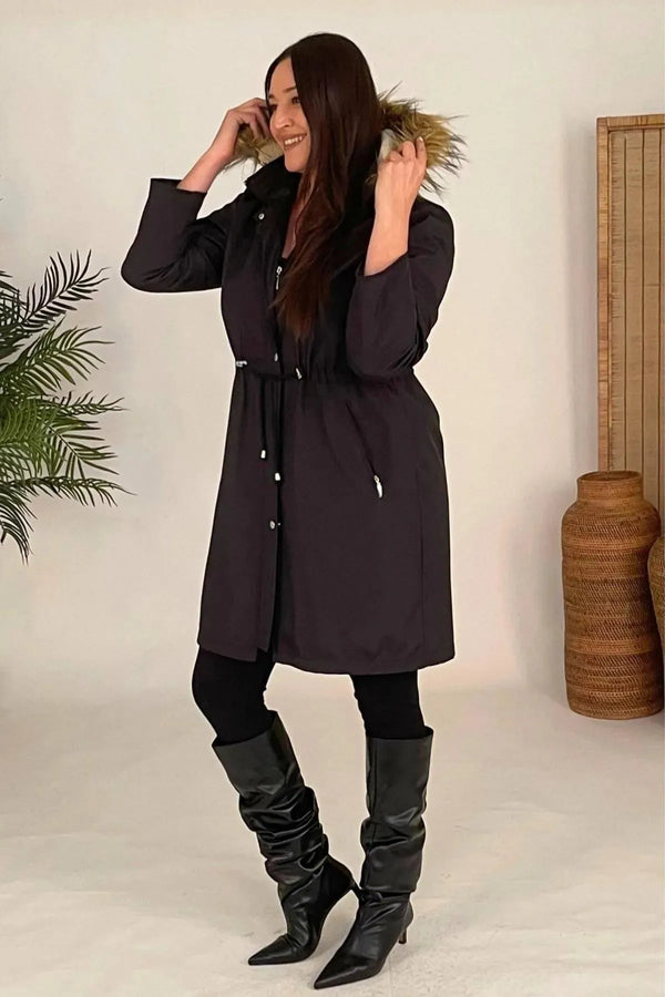 Büyük Beden Kadın HANEZZA Büyük Beden İçi Peluşlu Polar Astar Trençkot - Kış Ticari Ürün Siyah Düz Kumaş