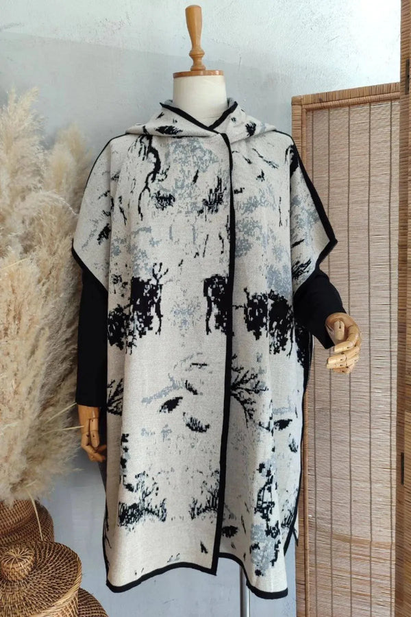 Büyük Beden Kadın HANEZZA Büyük Beden Kapüşonlu Triko Panço - Kadın Büyük Beden Hırka Bej-Siyah desenli