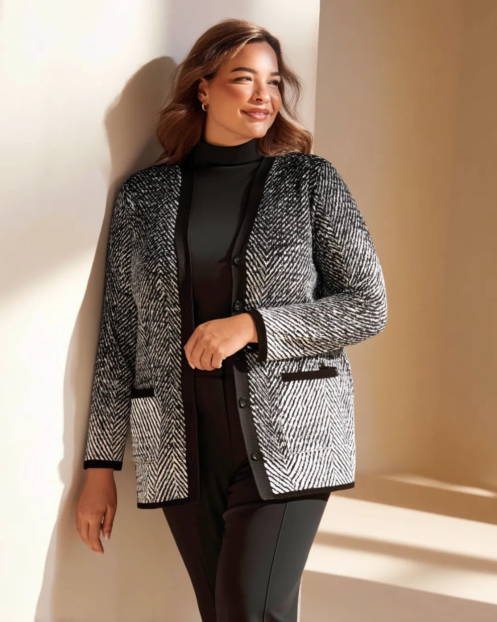 Hanezza كارديجان تريكو مقاس كبير بنقشة بارزة وجيوب - Image 1