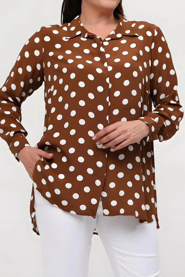 Büyük Beden Kadın Hanezza Büyük Beden Krep Kadın Gömlek - Kahverengi Beyaz Puantiyeli Büyük Beden Gömlek Kahverengi Puantiyeli