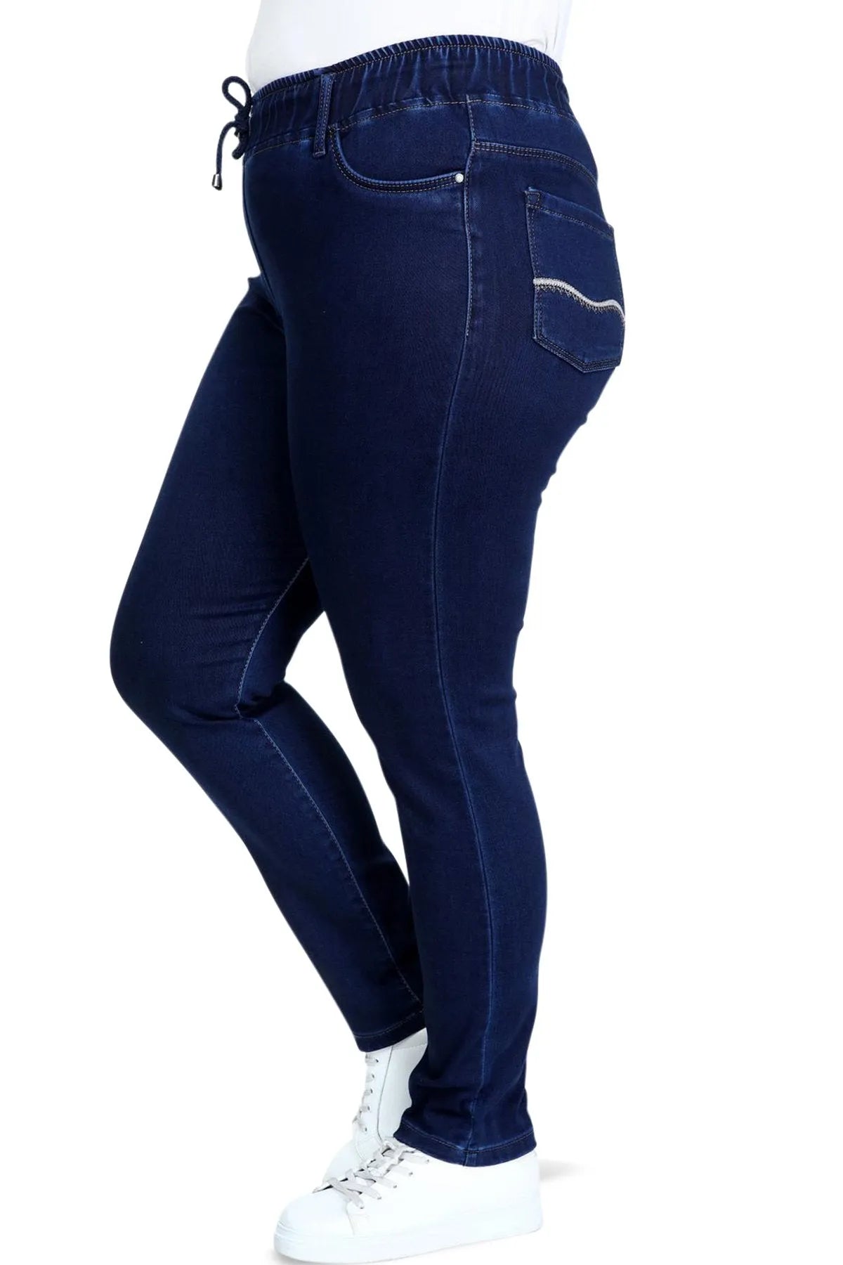 Büyük Beden Kadın Hanezza Büyük Beden Lastikli Slim Fit Kot Pantolon - Pamuk Büyük Beden Kot Pantolon Lacivert Düz