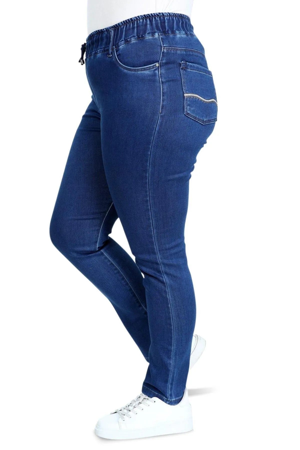 Büyük Beden Kadın Hanezza Büyük Beden Lastikli Slim Fit Kot Pantolon - Pamuk Büyük Beden Kot Pantolon Mavi Düz