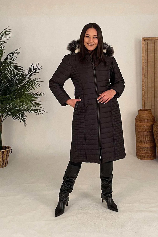 Büyük Beden Kadın HANEZZA Büyük Beden Polarlı Uzun Mont - Kürk Detaylı Kapişon Ticari Ürün Siyah