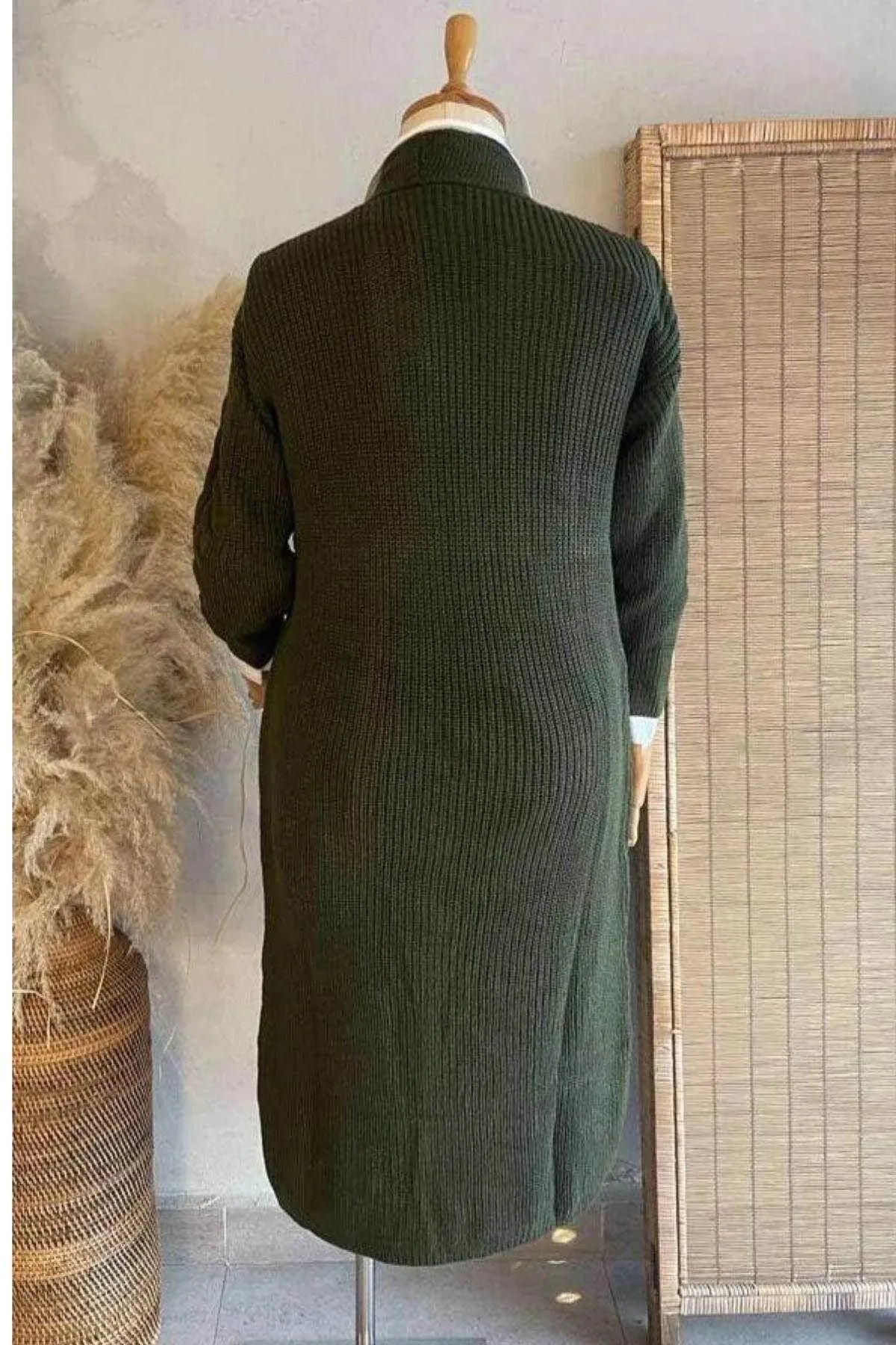 Büyük Beden Kadın HANEZZA Büyük Beden Şal Yaka Triko Hırka Çiçek Desenli Pamuk Büyük Beden Hırka Haki Triko