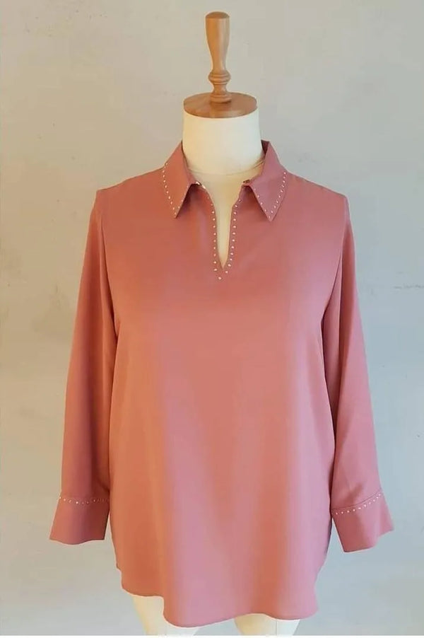 Hanezza Büyük Beden Taşlı Bluz - Pamuklu Viskon Çiçekli