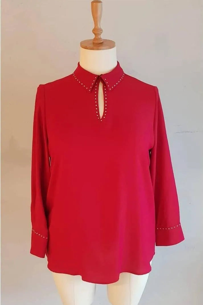 Hanezza Büyük Beden Taşlı Bluz - Pamuklu Viskon Çiçekli - Image 5