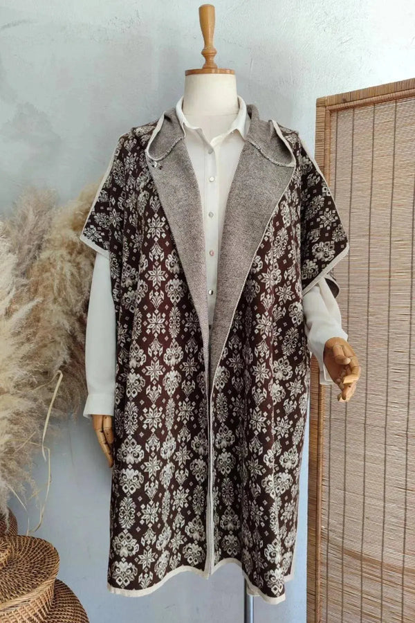 Hanezza Plus Size Knitwear Poncho - Ethnic Patterned with Hood