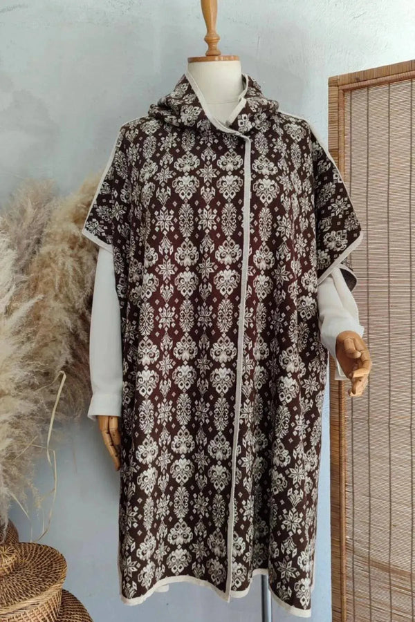 Hanezza Plus Size Knitwear Poncho - Ethnic Patterned with Hood