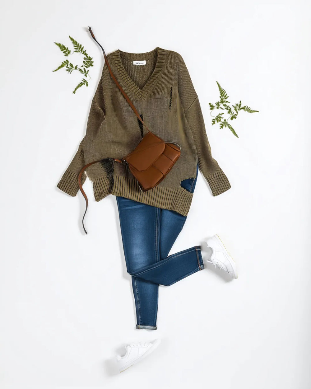 Hanezza Plus Size Distressed Detail Knit Sweater - Cotton - Image 1