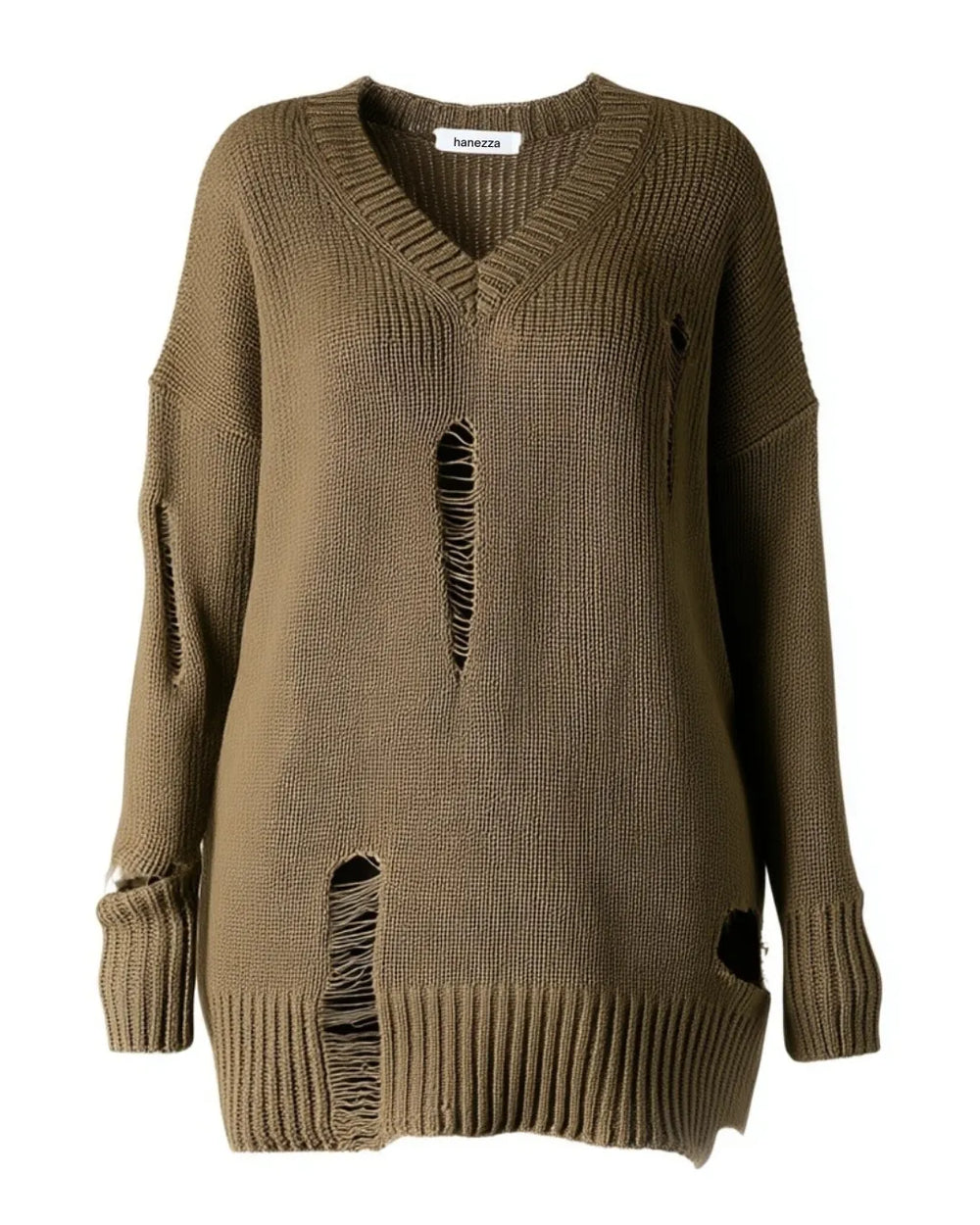 Hanezza Plus Size Distressed Detail Knit Sweater - Cotton - Image 2