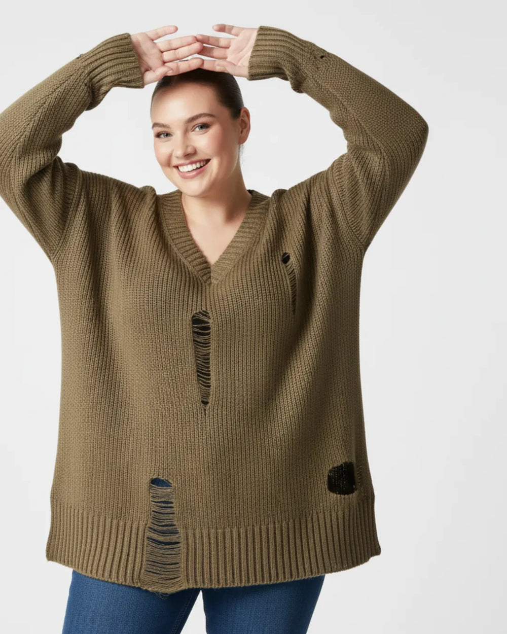 Hanezza Plus Size Distressed Detail Knit Sweater - Cotton - Image 3