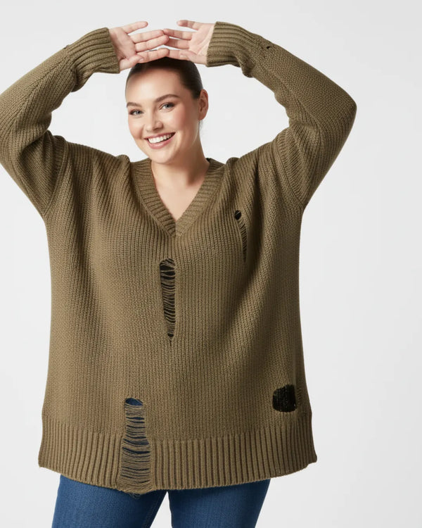 Hanezza Plus Size Distressed Detail Knit Sweater - Cotton