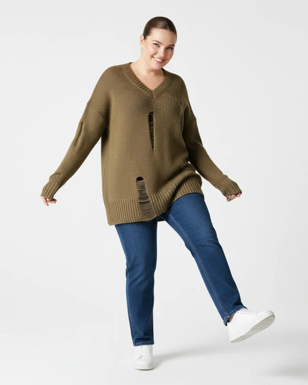 Hanezza Plus Size Distressed Detail Knit Sweater - Cotton