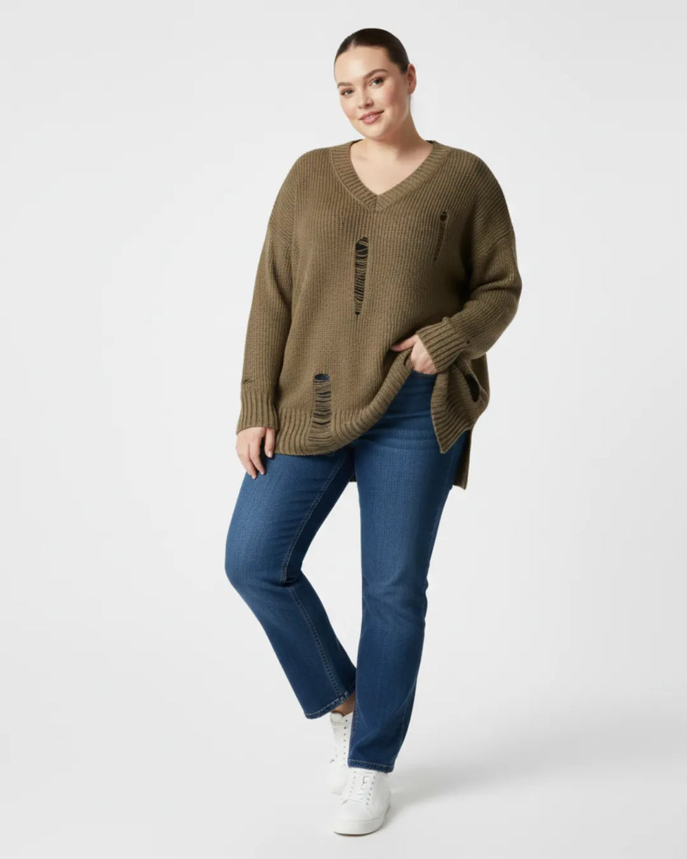 Hanezza Plus Size Distressed Detail Knit Sweater - Cotton - Image 5