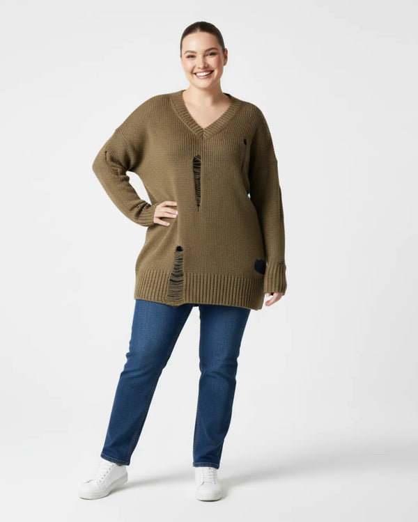 Hanezza Plus Size Distressed Detail Knit Sweater - Cotton